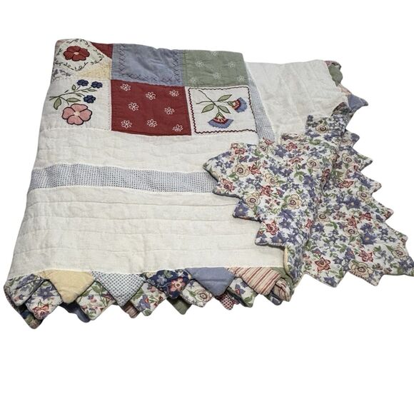Vintage American Folk Art Quilt Scalloped Triangle Trim Reversible Full 82x63 - Picture 11 of 11
